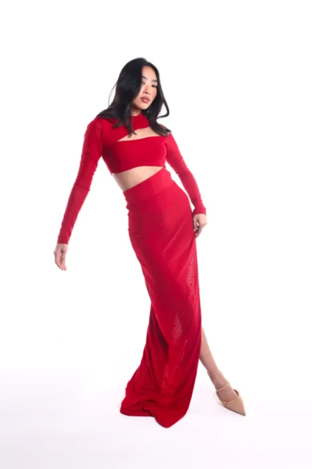 Kimberly Red Lycra Dress, Red Long Dress For Party, Long Sleeve Red Dress, Full Sleeve Dress For Women, Red One Piece Dress, Side Slit Maxi Dress, Party Dress, Sepia Stories, Party Dress, Women Dress For Party, Beautiful Party Dresses For Ladies, Red Dress With Slit, Lycra Dress For Women, High Neck Dress