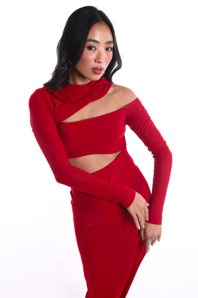 Kimberly Red Lycra Dress, Red Long Dress For Party, Long Sleeve Red Dress, Full Sleeve Dress For Women, Red One Piece Dress, Side Slit Maxi Dress, Party Dress, Sepia Stories, Party Dress, Women Dress For Party, Beautiful Party Dresses For Ladies, Red Dress With Slit, Lycra Dress For Women, High Neck Dress