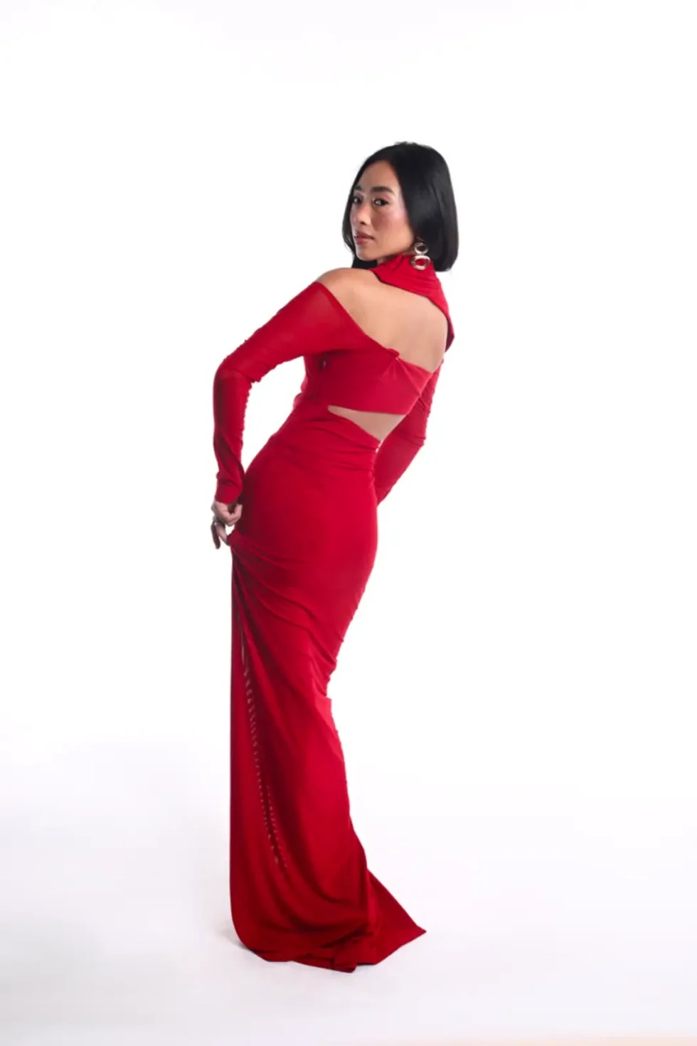 Kimberly Red Lycra Dress, Red Long Dress For Party, Long Sleeve Red Dress, Full Sleeve Dress For Women, Red One Piece Dress, Side Slit Maxi Dress, Party Dress, Sepia Stories, Party Dress, Women Dress For Party, Beautiful Party Dresses For Ladies, Red Dress With Slit, Lycra Dress For Women, High Neck Dress