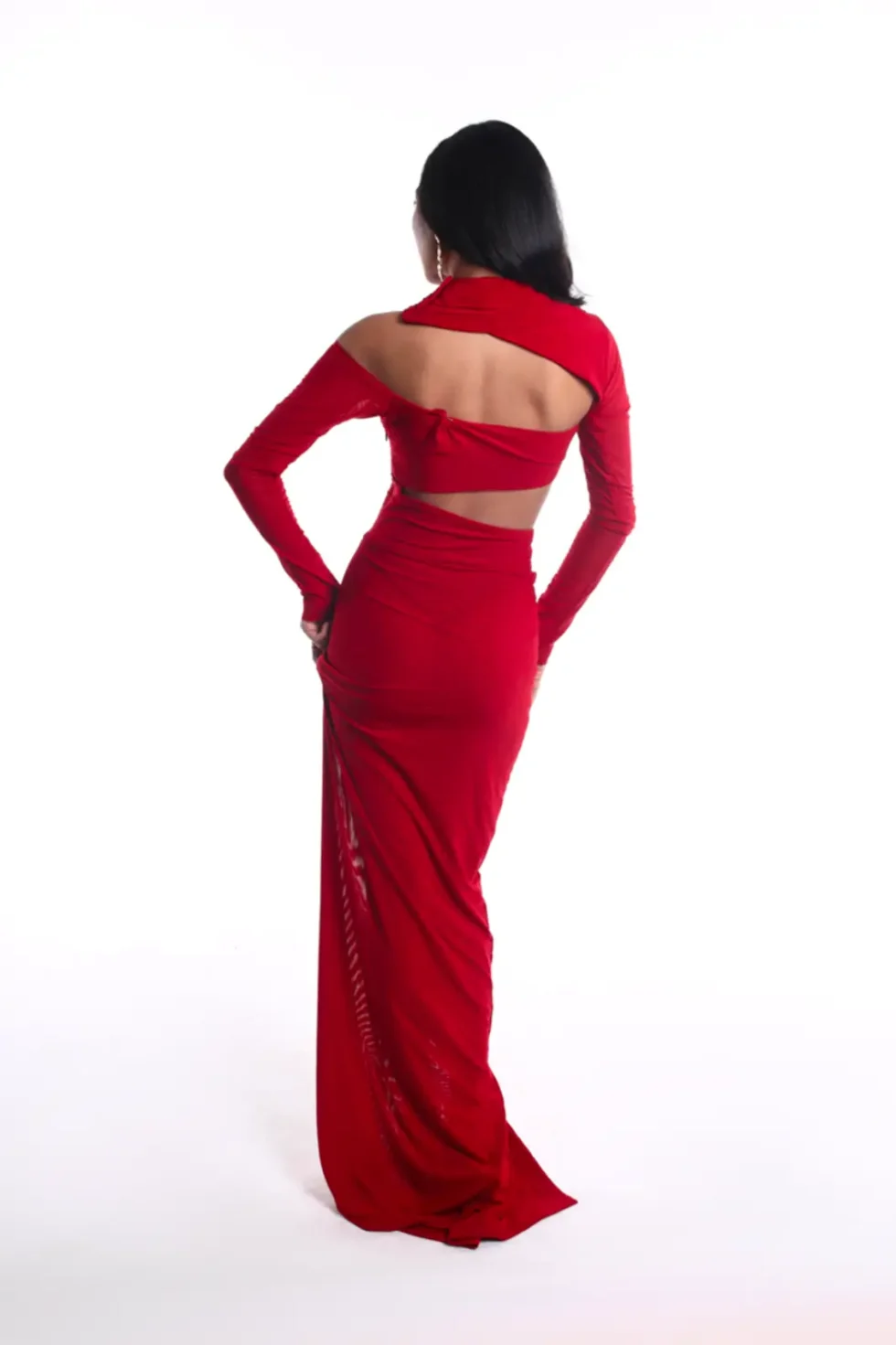 Kimberly Red Lycra Dress, Red Long Dress For Party, Long Sleeve Red Dress, Full Sleeve Dress For Women, Red One Piece Dress, Side Slit Maxi Dress, Party Dress, Sepia Stories, Party Dress, Women Dress For Party, Beautiful Party Dresses For Ladies, Red Dress With Slit, Lycra Dress For Women, High Neck Dress