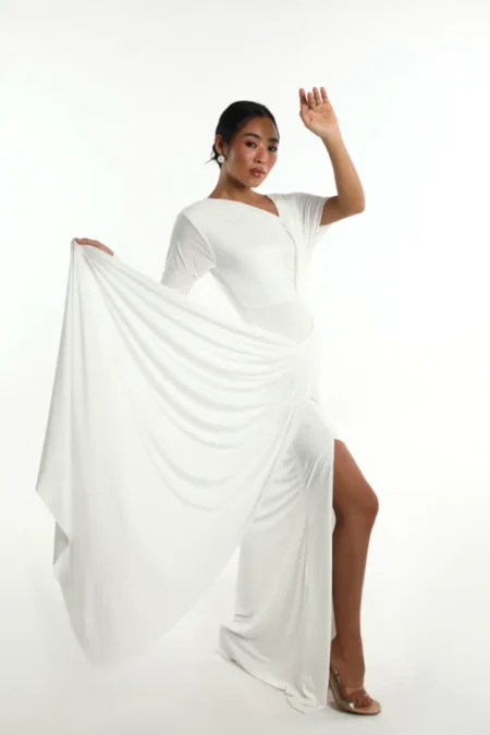 Meliora White Sleek Lycra Dress, White Long Dress, Off Shoulder Long Dress, Full Sleeve Off Shoulder Dress, White Gown Dress, Stylish Party Wear Dress For Women, Sepia Stories, Party Dress, Women Dress For Party, A Line White Dress, Lycra Dress For Women, Beautiful Dress For Women