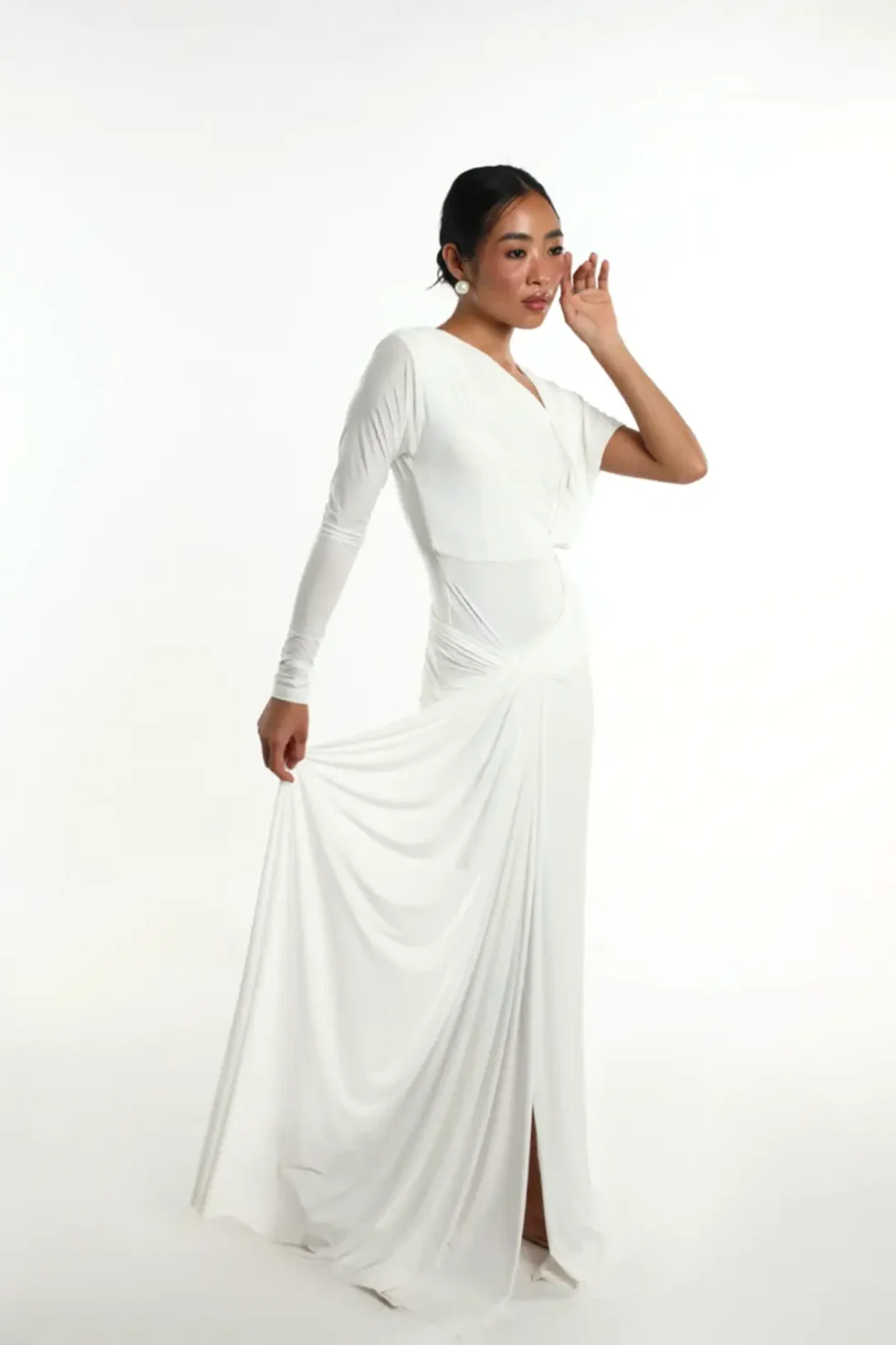 Meliora White Sleek Lycra Dress, White Long Dress, Off Shoulder Long Dress, Full Sleeve Off Shoulder Dress, White Gown Dress, Stylish Party Wear Dress For Women, Sepia Stories, Party Dress, Women Dress For Party, A Line White Dress, Lycra Dress For Women, Beautiful Dress For Women