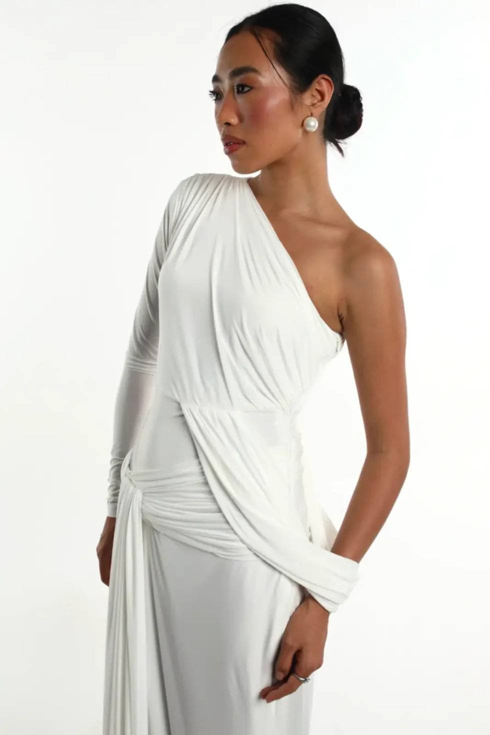 Meliora White Sleek Lycra Dress, White Long Dress, Off Shoulder Long Dress, Full Sleeve Off Shoulder Dress, White Gown Dress, Stylish Party Wear Dress For Women, Sepia Stories, Party Dress, Women Dress For Party, A Line White Dress, Lycra Dress For Women, Beautiful Dress For Women