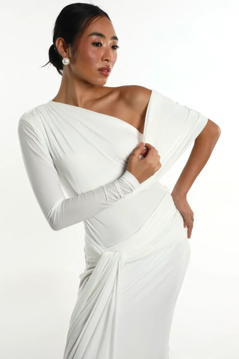 Meliora White Sleek Lycra Dress, White Long Dress, Off Shoulder Long Dress, Full Sleeve Off Shoulder Dress, White Gown Dress, Stylish Party Wear Dress For Women, Sepia Stories, Party Dress, Women Dress For Party, A Line White Dress, Lycra Dress For Women, Beautiful Dress For Women