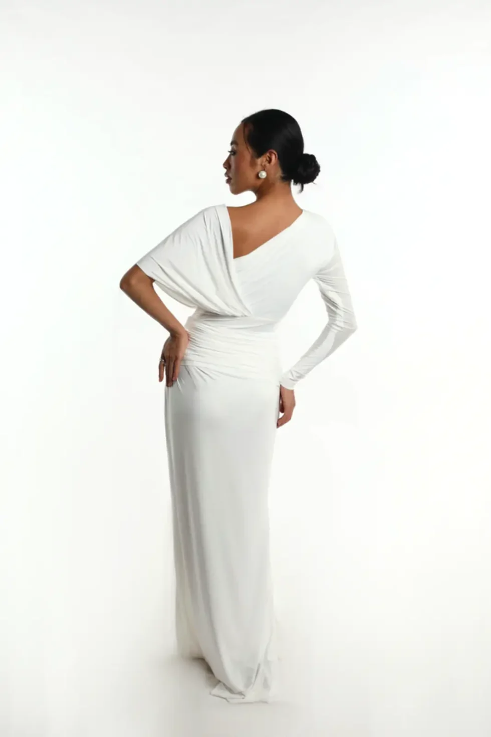 Meliora White Sleek Lycra Dress, White Long Dress, Off Shoulder Long Dress, Full Sleeve Off Shoulder Dress, White Gown Dress, Stylish Party Wear Dress For Women, Sepia Stories, Party Dress, Women Dress For Party, A Line White Dress, Lycra Dress For Women, Beautiful Dress For Women