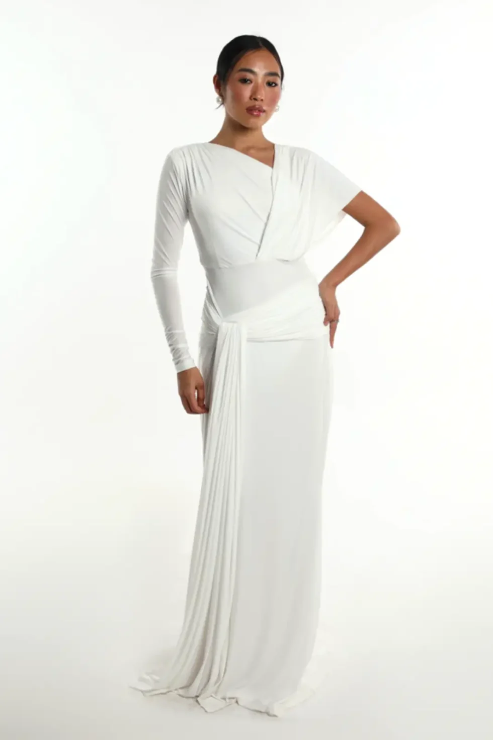 Meliora White Sleek Lycra Dress, White Long Dress, Off Shoulder Long Dress, Full Sleeve Off Shoulder Dress, White Gown Dress, Stylish Party Wear Dress For Women, Sepia Stories, Party Dress, Women Dress For Party, A Line White Dress, Lycra Dress For Women, Beautiful Dress For Women