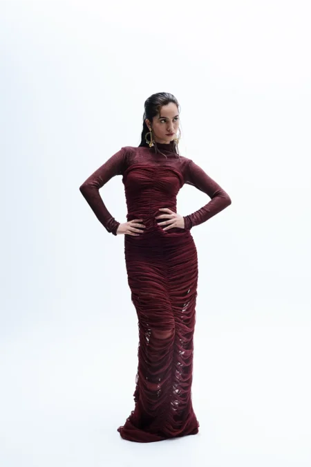 Mirelle Lycra Net Ruched Dress, Party Wear Long Gown For Women, Full Sleeve Long Dress, Front Slit Dress, Net Dress For Women, Long Gown For Women, High Neck Gown For Women, Sepia Stories