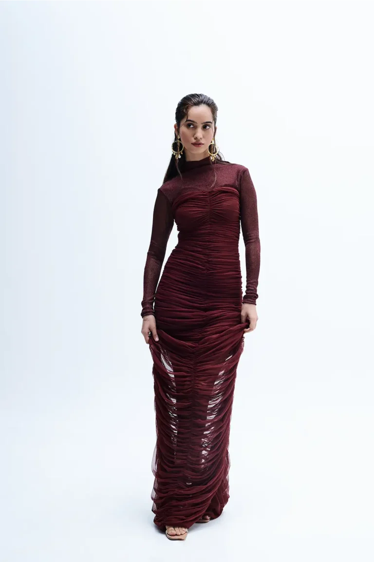 Mirelle Lycra Net Ruched Dress, Party Wear Long Gown For Women, Full Sleeve Long Dress, Front Slit Dress, Net Dress For Women, Long Gown For Women, High Neck Gown For Women, Sepia Stories