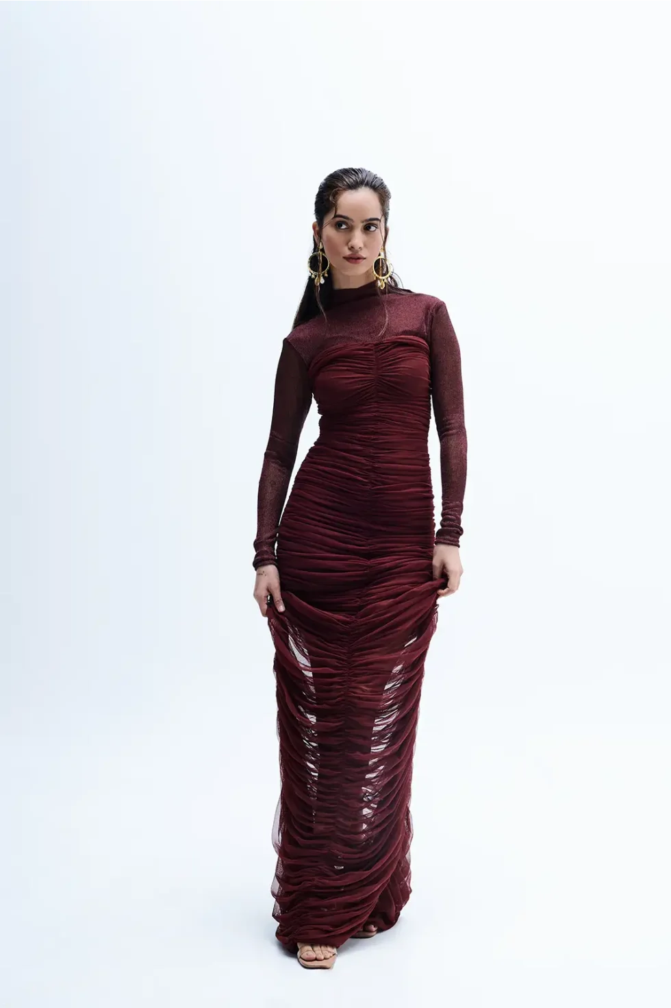 Mirelle Lycra Net Ruched Dress, Party Wear Long Gown For Women, Full Sleeve Long Dress, Front Slit Dress, Net Dress For Women, Long Gown For Women, High Neck Gown For Women, Sepia Stories