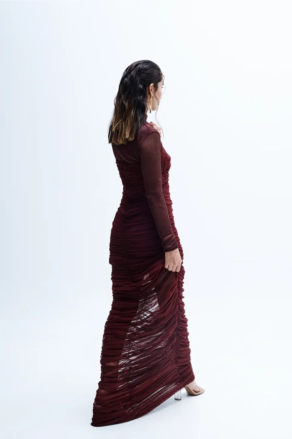 Mirelle Lycra Net Ruched Dress, Party Wear Long Gown For Women, Full Sleeve Long Dress, Front Slit Dress, Net Dress For Women, Long Gown For Women, High Neck Gown For Women, Sepia Stories