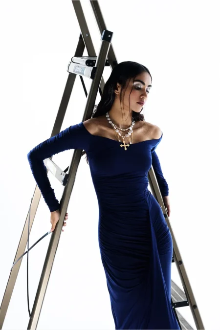 Myla Lycra Navy Blue Off Shoulder Dress, navy blue party wear dress, elegant off shoulder gown, pleated lycra dress, chic cocktail outfit, royal blue evening wear, luxury party attire, designer off shoulder dress, stylish navy gown, sophisticated blue outfit, modern party dress, bachelorette wear, fine dining dress, fashionable off shoulder look, statement navy blue gown