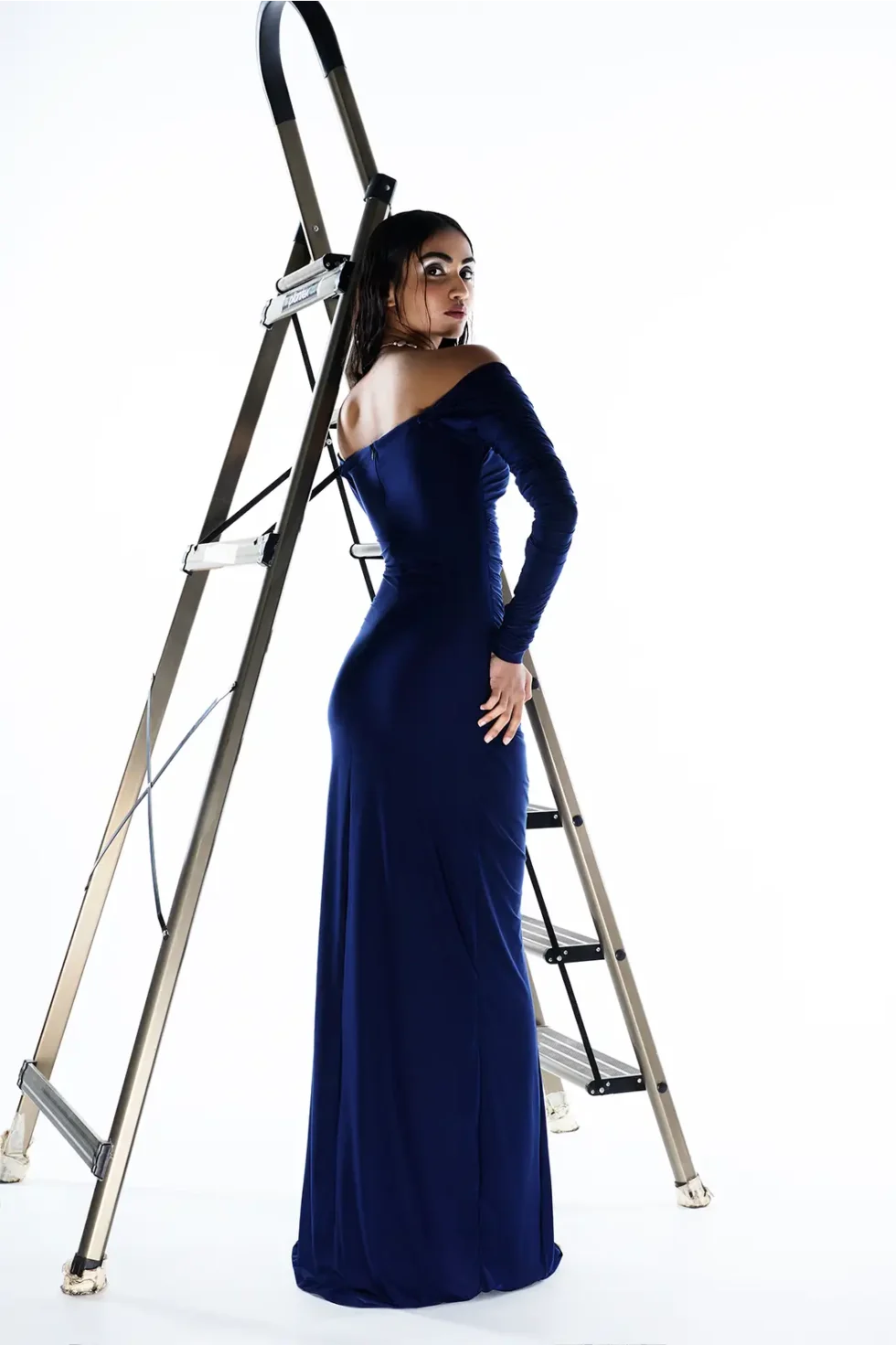 Myla Lycra Navy Blue Off Shoulder Dress, navy blue party wear dress, elegant off shoulder gown, pleated lycra dress, chic cocktail outfit, royal blue evening wear, luxury party attire, designer off shoulder dress, stylish navy gown, sophisticated blue outfit, modern party dress, bachelorette wear, fine dining dress, fashionable off shoulder look, statement navy blue gown