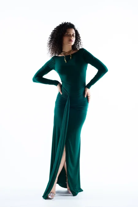 Nernia Lycra Dark Green Split Skirt Dress, Party Wear Long Gown For Women, Full Sleeve Long Dress, Party Wear Dress For Women, Front Slit Dress, Lycra Dress, Party Wear Dress For Women, Green Dress For Women, Sepia Stories