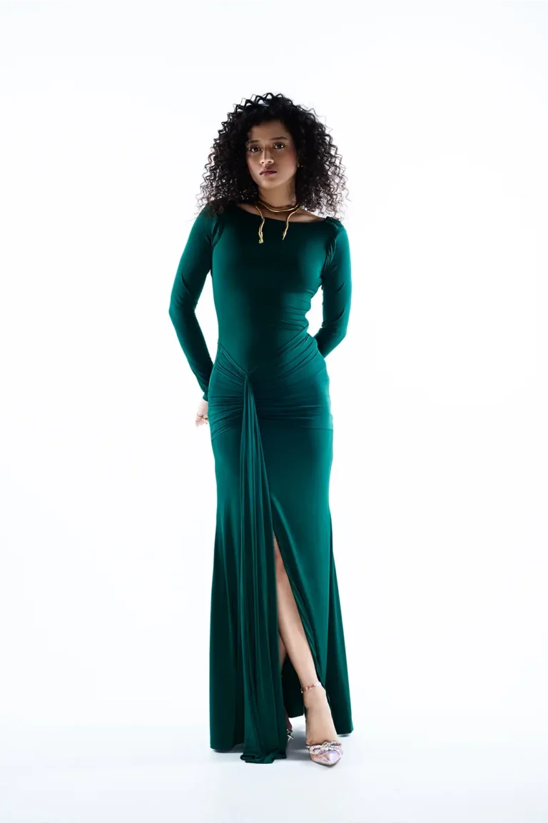 Nernia Lycra Dark Green Split Skirt Dress, Party Wear Long Gown For Women, Full Sleeve Long Dress, Party Wear Dress For Women, Front Slit Dress, Lycra Dress, Party Wear Dress For Women, Green Dress For Women, Sepia Stories