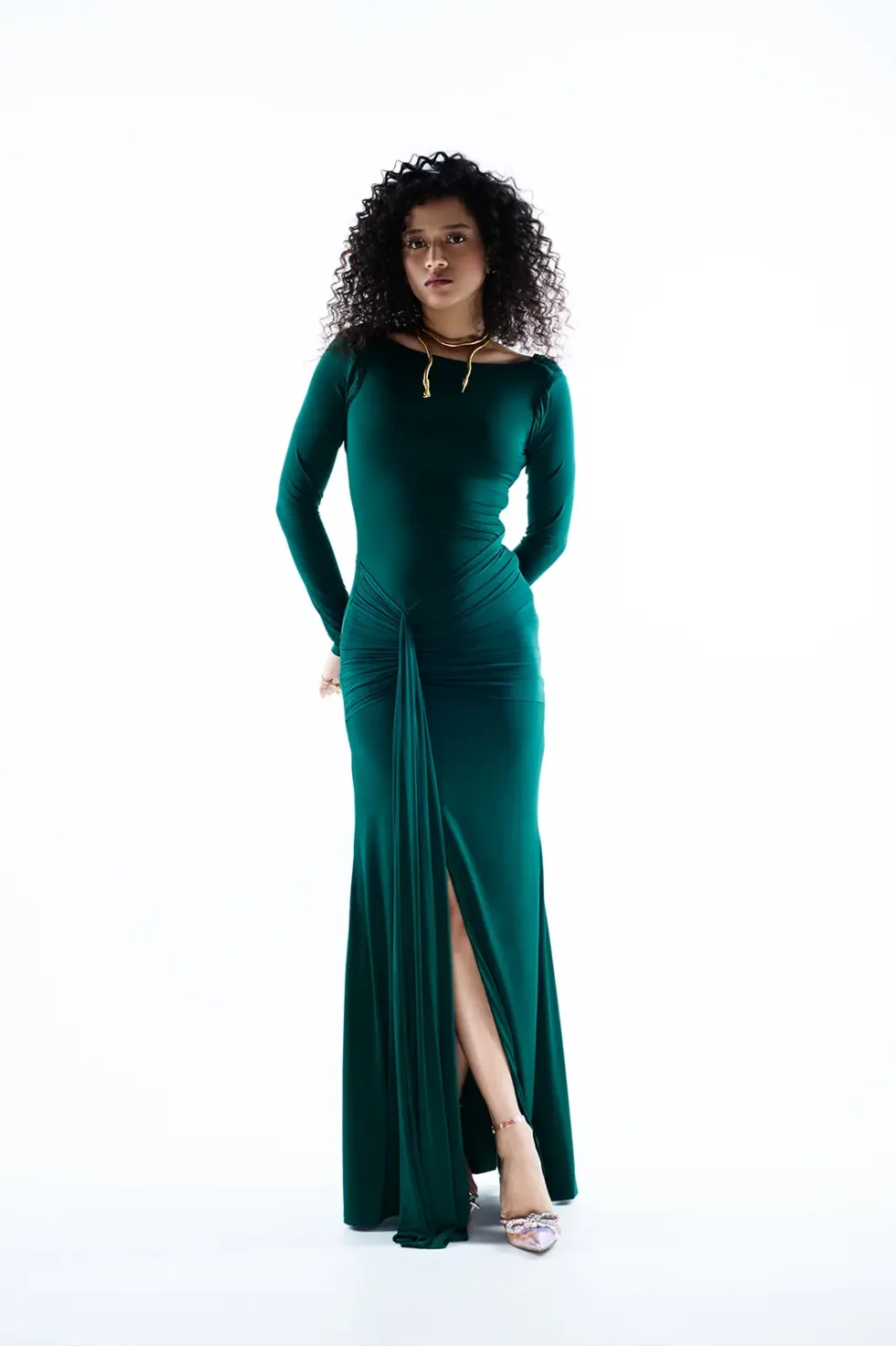 Nernia Lycra Dark Green Split Skirt Dress, Party Wear Long Gown For Women, Full Sleeve Long Dress, Party Wear Dress For Women, Front Slit Dress, Lycra Dress, Party Wear Dress For Women, Green Dress For Women, Sepia Stories