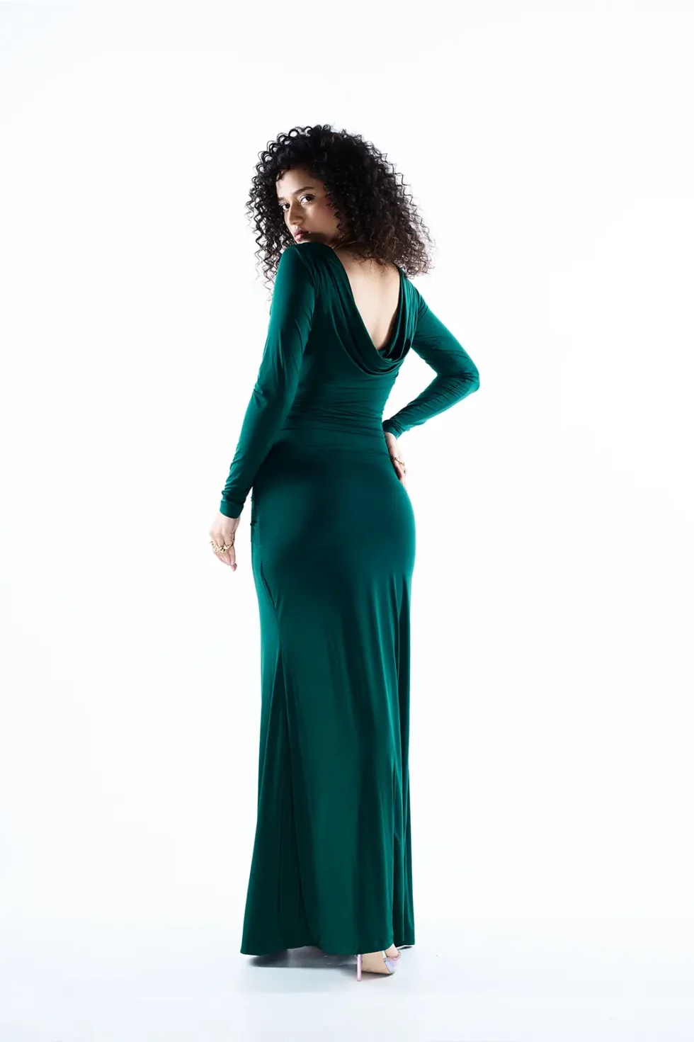 Nernia Lycra Dark Green Split Skirt Dress, Party Wear Long Gown For Women, Full Sleeve Long Dress, Party Wear Dress For Women, Front Slit Dress, Lycra Dress, Party Wear Dress For Women, Green Dress For Women, Sepia Stories