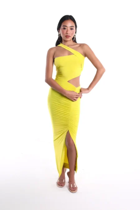 Noa Yellow One Shoulder Lycra Dress, Yellow Long Dress, Front Slit Long Dress, One Shoulder Maxi Dress, Party Wear Long Dress, Bodycon Dress Full Length, Sepia Stories, Party Dress, Women Dress For Party, Yellow Cocktail Dress, Long Sleeveless Dress