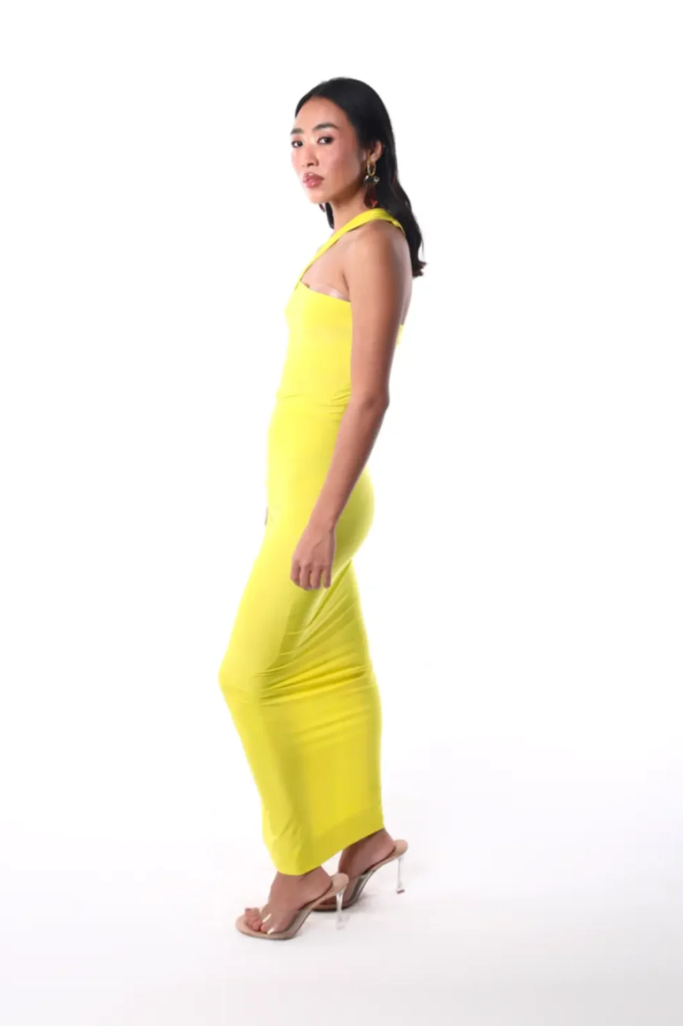 Noa Yellow One Shoulder Lycra Dress, Yellow Long Dress, Front Slit Long Dress, One Shoulder Maxi Dress, Party Wear Long Dress, Bodycon Dress Full Length, Sepia Stories, Party Dress, Women Dress For Party, Yellow Cocktail Dress, Long Sleeveless Dress
