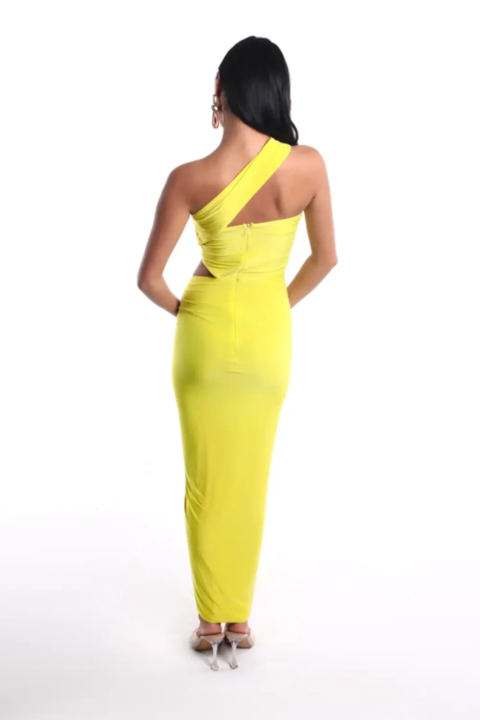 Noa Yellow One Shoulder Lycra Dress, Yellow Long Dress, Front Slit Long Dress, One Shoulder Maxi Dress, Party Wear Long Dress, Bodycon Dress Full Length, Sepia Stories, Party Dress, Women Dress For Party, Yellow Cocktail Dress, Long Sleeveless Dress