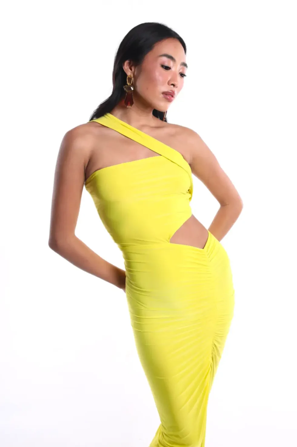 Noa Yellow One Shoulder Lycra Dress, Yellow Long Dress, Front Slit Long Dress, One Shoulder Maxi Dress, Party Wear Long Dress, Bodycon Dress Full Length, Sepia Stories, Party Dress, Women Dress For Party, Yellow Cocktail Dress, Long Sleeveless Dress