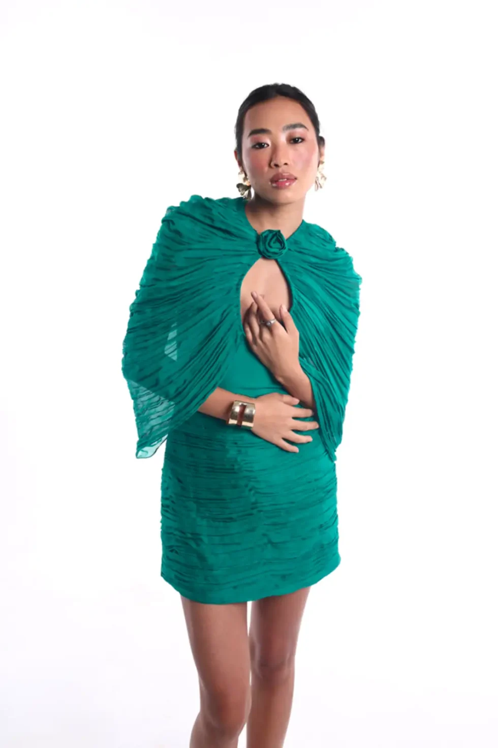 Nora Sea Green Mini Chiffon Dress, Short Party Wear Dress, Evening Wear For Women, Sexy Dress For Date, Chiffon Mini Dress, V Neck Dress, Crushed Fabric Dress, Sepia Stories, Party Dress, Green Mini Dress, Casual Short Dress, Women Dress For Party, Date Night Dress With Sleeves