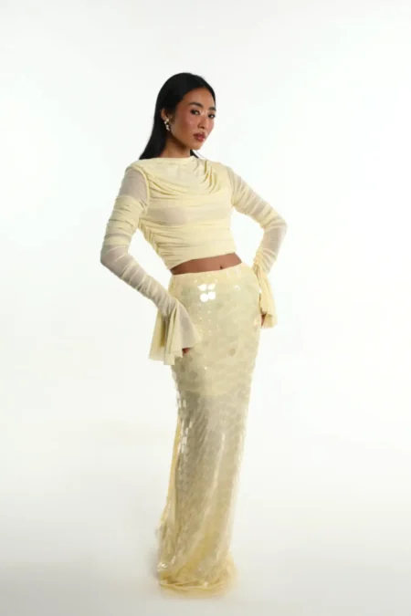 Ondina Yellow Lycra Net Top Skirt, Pastel Yellow Dress, Long Sleeve Top And Skirt Set, High Neck Dress For Women, Party Dress With Sleeves, Party Wear Long Skirts And Tops, Sepia Stories, Party Dress, Casual Long Skirts And Tops, Long Skirts And Tops For Ladies, High Neck Party Wear Dress For Women