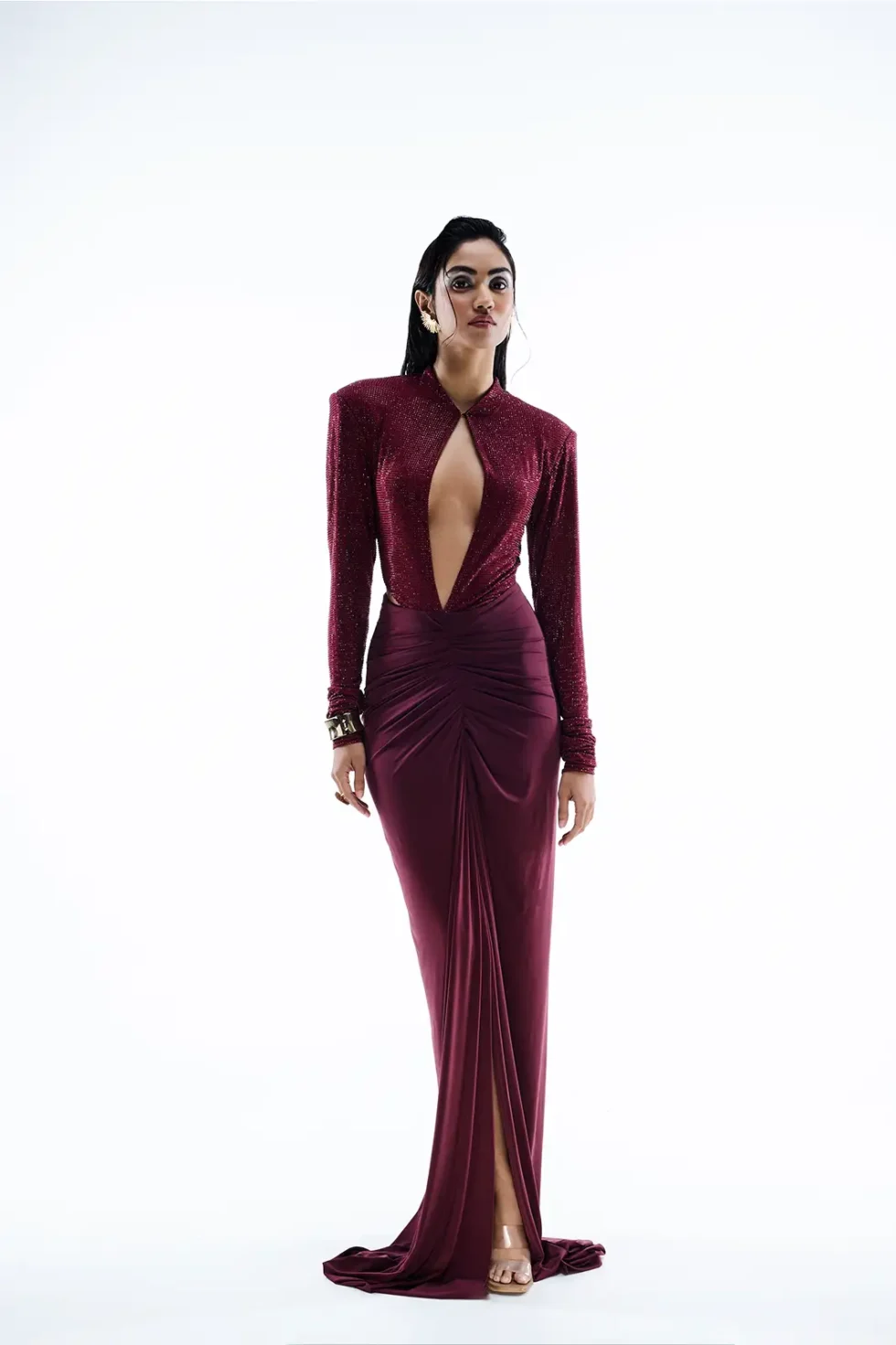 Scarlett Lycra Maroon Swarovski Dress, maroon party wear dress, Swarovski evening gown, elegant ruched dress, chic maroon outfit, luxury lycra gown, sophisticated cocktail wear, stylish Swarovski dress, designer maroon attire, fashionable evening outfit, keyhole neckline dress, glamorous party wear, premium maroon gown, statement Swarovski dress, modern elegant outfit