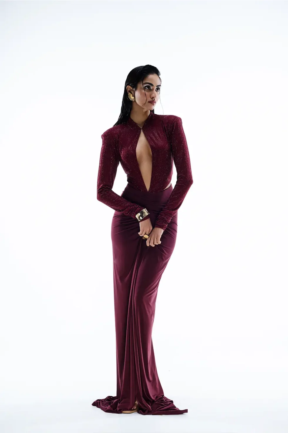 Scarlett Lycra Maroon Swarovski Dress, maroon party wear dress, Swarovski evening gown, elegant ruched dress, chic maroon outfit, luxury lycra gown, sophisticated cocktail wear, stylish Swarovski dress, designer maroon attire, fashionable evening outfit, keyhole neckline dress, glamorous party wear, premium maroon gown, statement Swarovski dress, modern elegant outfit