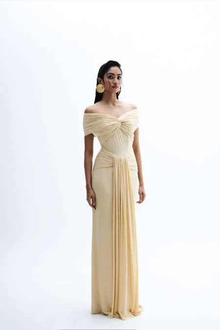 Seseraphina Butter Yellow Colour Dress, Off Shoulder Long Dress, Party Wear Maxi Dress, Party Wear Long Gown For Women, Sleeveless One Piece Dress, Sepia Stories