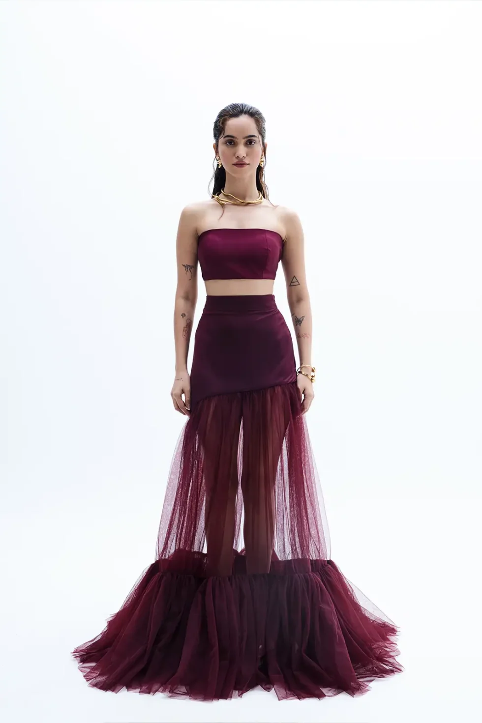 Serel Wine Top And Flair Skirt Dress, Top And Skirt Set For Women, Maroon Top And Skirt Set, Long Net Skirt, Strapless Dress For Women, Wedding Dress, Sepia Stories