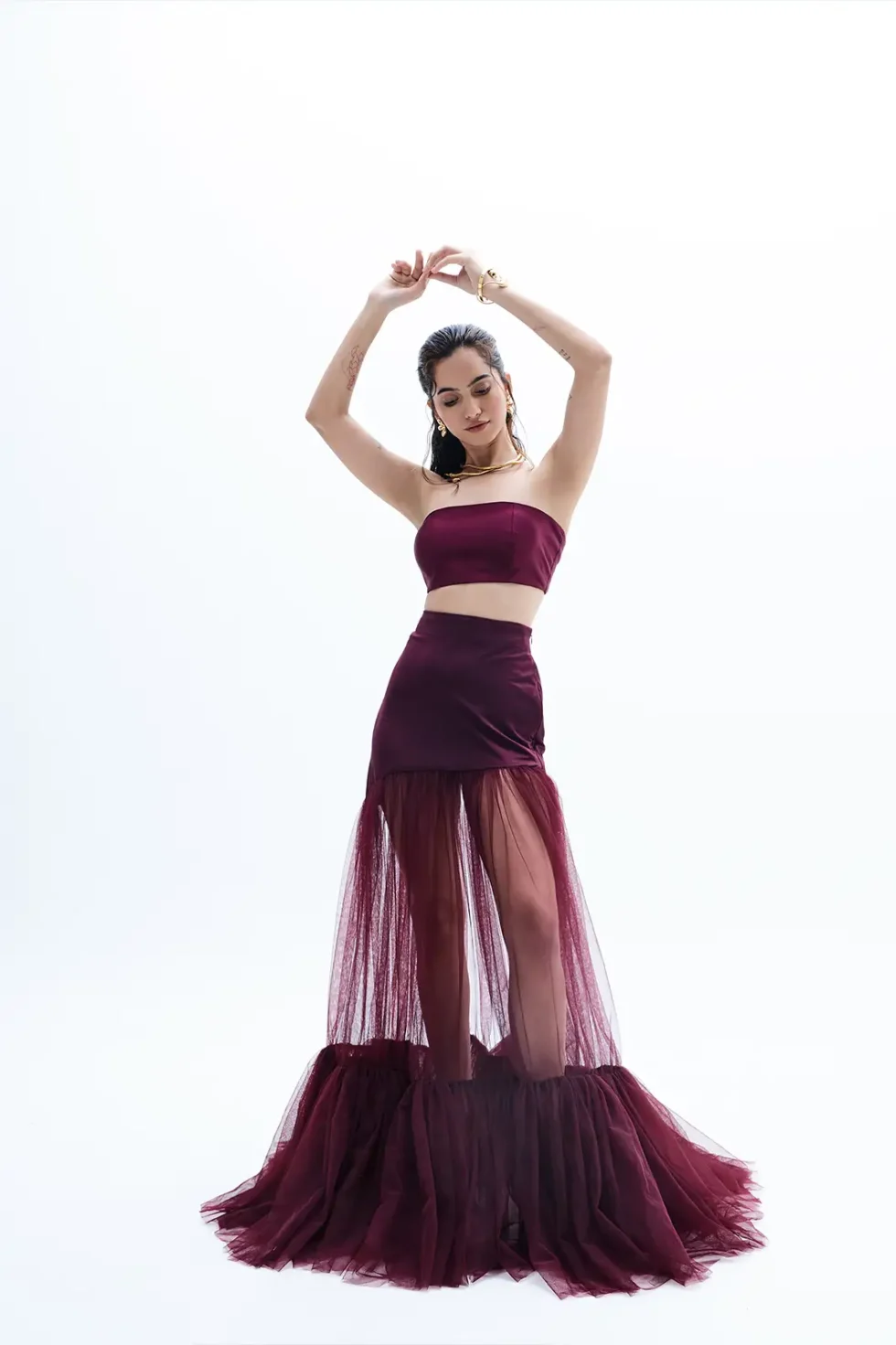 Serel Wine Top And Flair Skirt Dress, Top And Skirt Set For Women, Maroon Top And Skirt Set, Long Net Skirt, Strapless Dress For Women, Wedding Dress, Sepia Stories