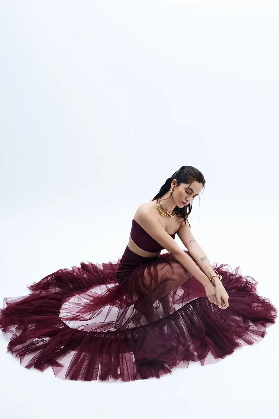 Serel Wine Top And Flair Skirt Dress, Top And Skirt Set For Women, Maroon Top And Skirt Set, Long Net Skirt, Strapless Dress For Women, Wedding Dress, Sepia Stories