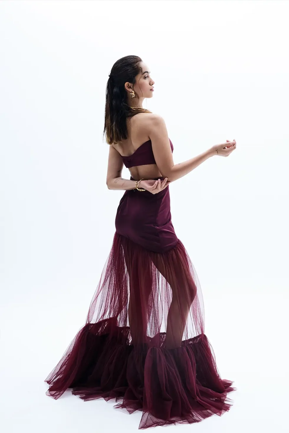 Serel Wine Top And Flair Skirt Dress, Top And Skirt Set For Women, Maroon Top And Skirt Set, Long Net Skirt, Strapless Dress For Women, Wedding Dress, Sepia Stories