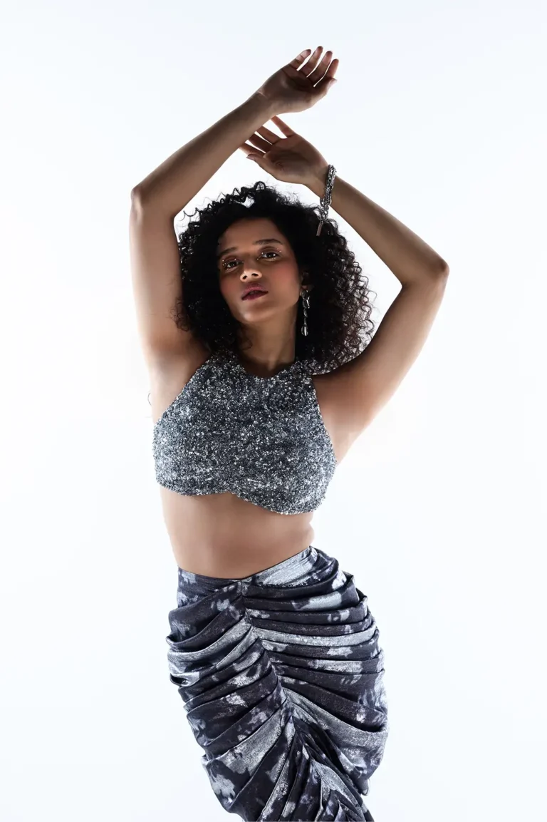 Sylira Lycra Sequins Top And Ruched Skirt, Crop Top And Long Skirt, Printed Long Skirt For Women, Women Sleeveless Tops, Matching Top And Skirt Sets For Women, Silver Black Dress, Sepia Stories