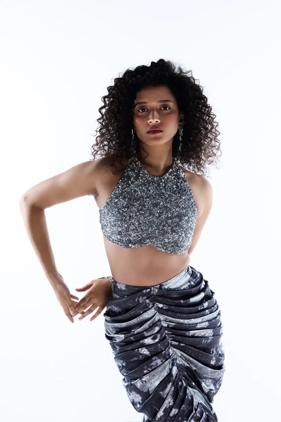 Sylira Lycra Sequins Top And Ruched Skirt, Crop Top And Long Skirt, Printed Long Skirt For Women, Women Sleeveless Tops, Matching Top And Skirt Sets For Women, Silver Black Dress, Sepia Stories