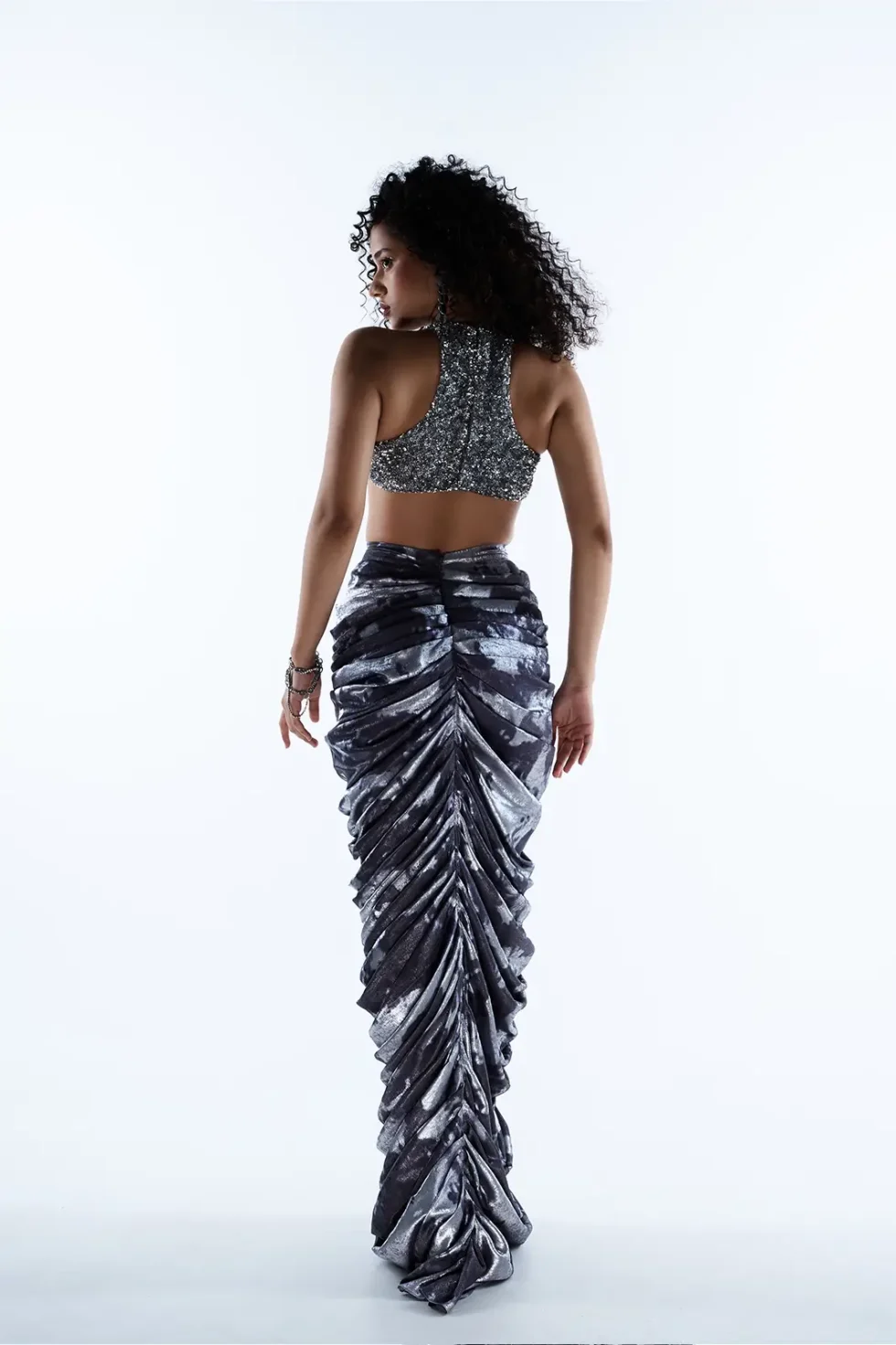 Sylira Lycra Sequins Top And Ruched Skirt, Crop Top And Long Skirt, Printed Long Skirt For Women, Women Sleeveless Tops, Matching Top And Skirt Sets For Women, Silver Black Dress, Sepia Stories