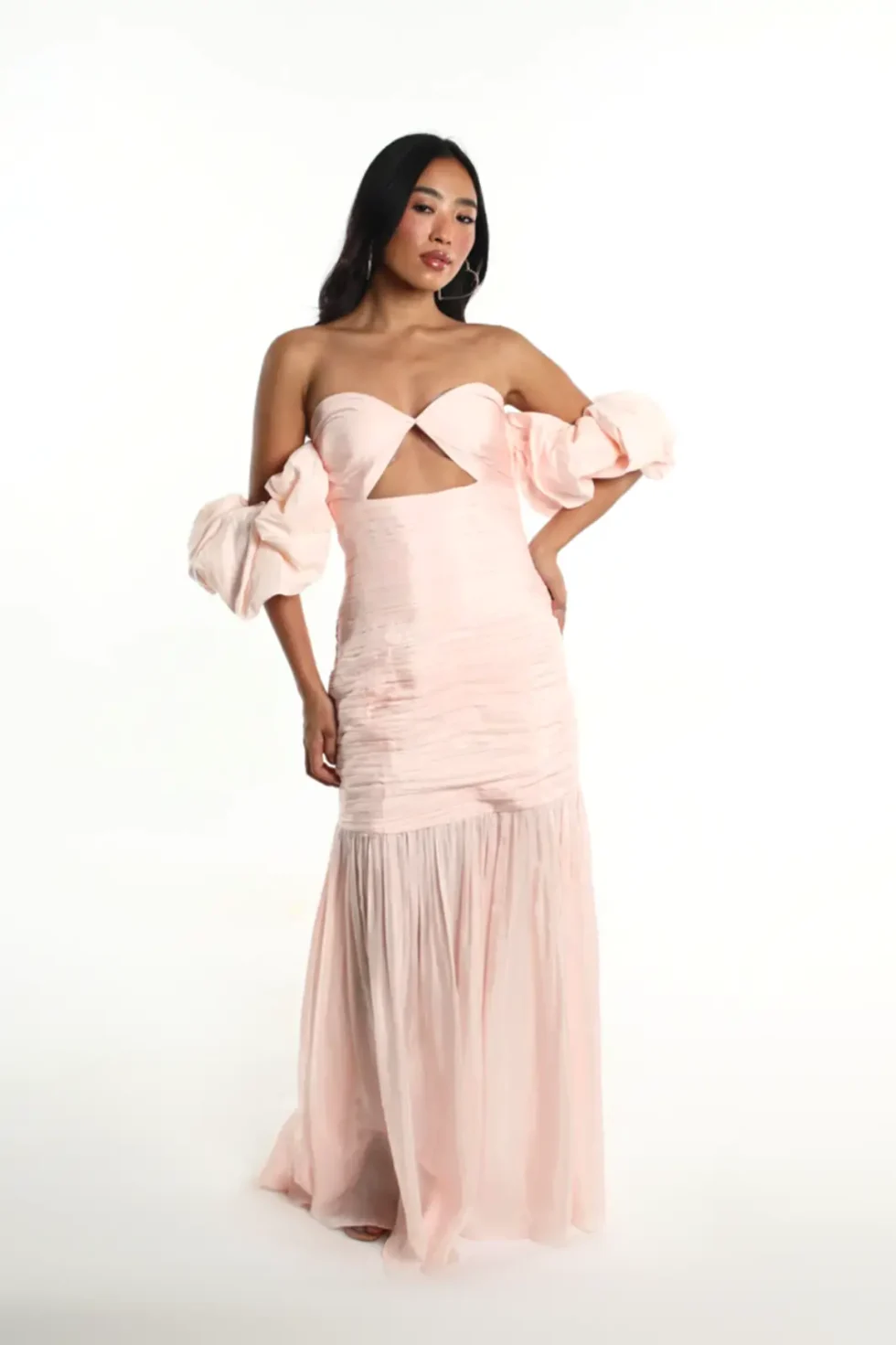Thalina Blush Pink Off-shoulder Puff Sleeves Dress, Long Pink Dress, Off Shoulder Dress, Long Puff Sleeves Dress, Party Wear Long Dress, Bustier Dress, Sepia Stories, Party dress, Women Party wear