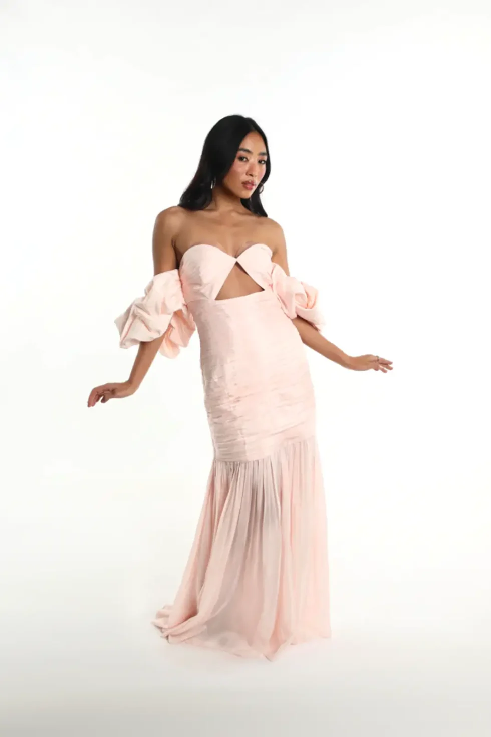 Thalina Blush Pink Off-shoulder Puff Sleeves Dress, Long Pink Dress, Off Shoulder Dress, Long Puff Sleeves Dress, Party Wear Long Dress, Bustier Dress, Sepia Stories, Party dress, Women Party wear
