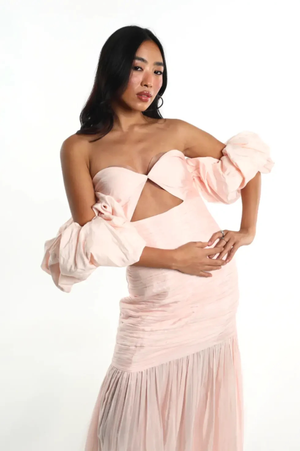 Thalina Blush Pink Off-shoulder Puff Sleeves Dress, Long Pink Dress, Off Shoulder Dress, Long Puff Sleeves Dress, Party Wear Long Dress, Bustier Dress, Sepia Stories, Party dress, Women Party wear