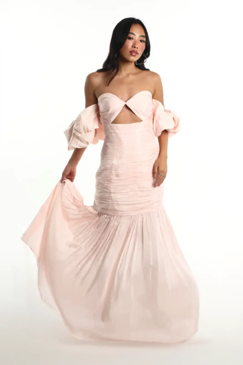 Thalina Blush Pink Off-shoulder Puff Sleeves Dress, Long Pink Dress, Off Shoulder Dress, Long Puff Sleeves Dress, Party Wear Long Dress, Bustier Dress, Sepia Stories, Party dress, Women Party wear