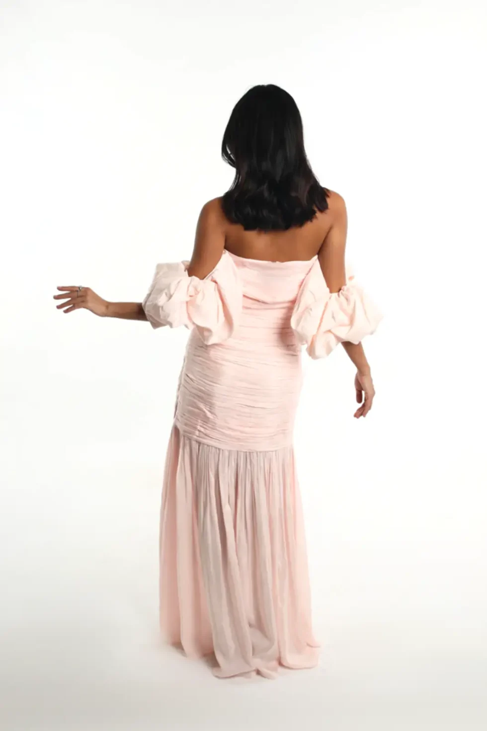 Thalina Blush Pink Off-shoulder Puff Sleeves Dress, Long Pink Dress, Off Shoulder Dress, Long Puff Sleeves Dress, Party Wear Long Dress, Bustier Dress, Sepia Stories, Party dress, Women Party wear