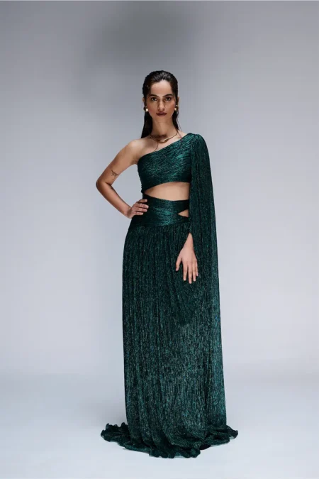 Virelle Crepe Green One Shoulder Dress, Green Dress For Women, Party Wear Dress, Crepe Dress, Shimmer Dress, Green Wedding Dress, Shimmer Dress For Wedding, Sepia Stories