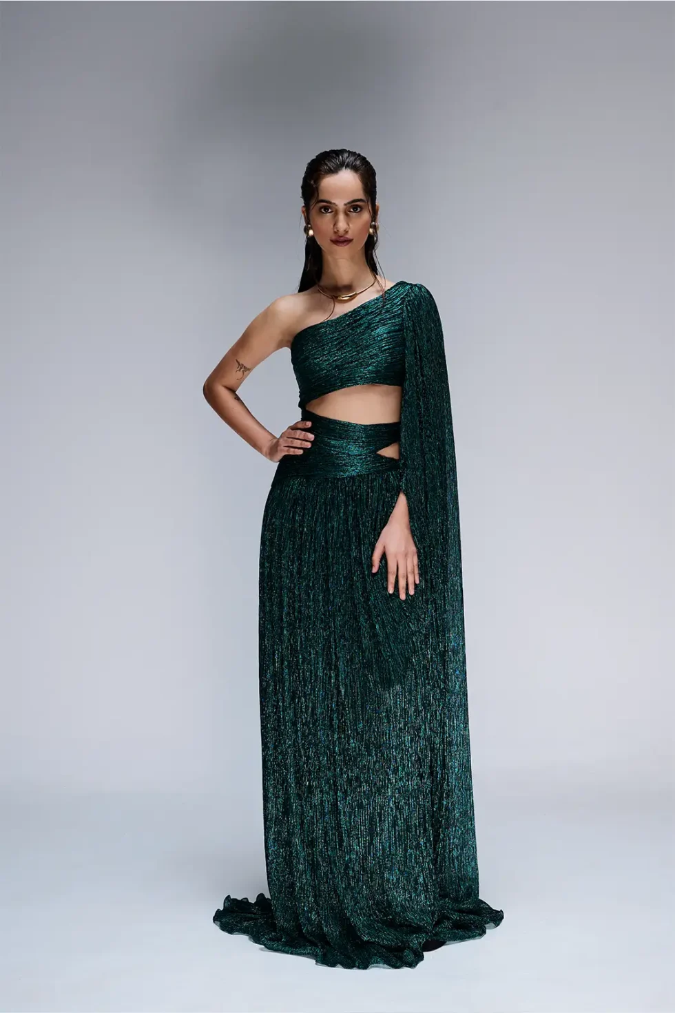 Virelle Crepe Green One Shoulder Dress, Green Dress For Women, Party Wear Dress, Crepe Dress, Shimmer Dress, Green Wedding Dress, Shimmer Dress For Wedding, Sepia Stories
