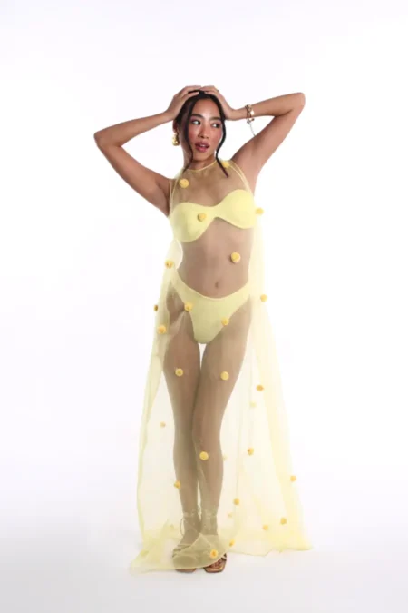 Yuna Organza Yellow Net Dress 3 Piece Set, Net Bikini Set, Bikini Set For Beach, Women Beach Wear Dress, Western Party Wear Dress, Long Net Dress, Yellow Dress, Sepia Stories