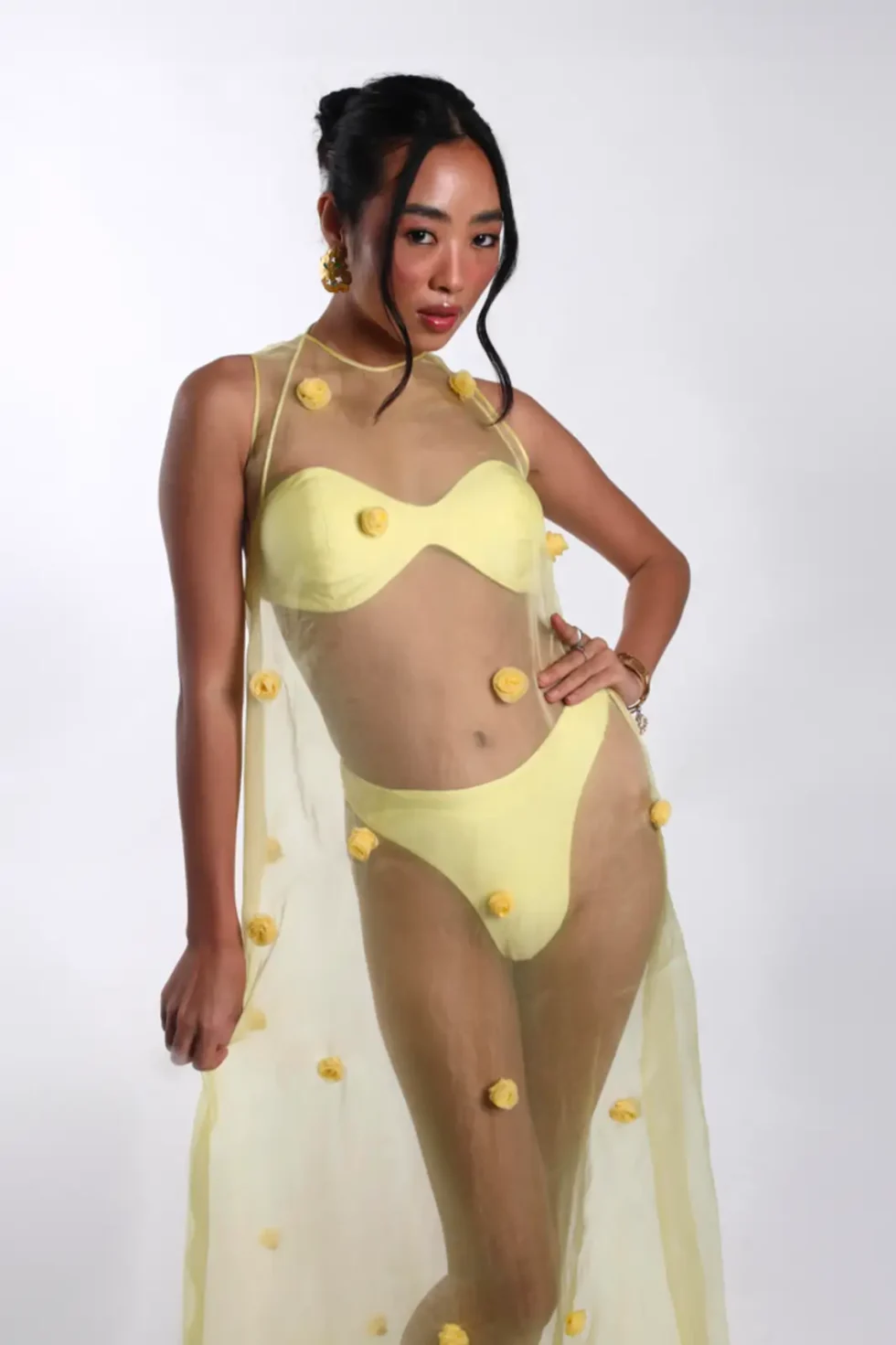 Yuna Organza Yellow Net Dress 3 Piece Set, Net Bikini Set, Bikini Set For Beach, Women Beach Wear Dress, Western Party Wear Dress, Long Net Dress, Yellow Dress, Sepia Stories