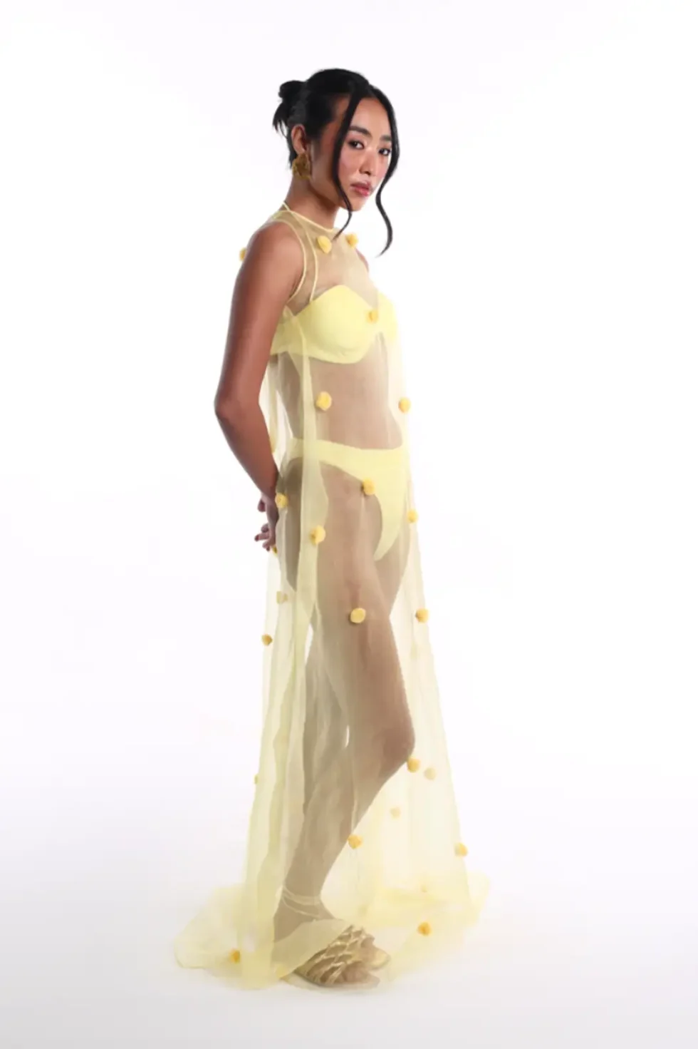 Yuna Organza Yellow Net Dress 3 Piece Set, Net Bikini Set, Bikini Set For Beach, Women Beach Wear Dress, Western Party Wear Dress, Long Net Dress, Yellow Dress, Sepia Stories