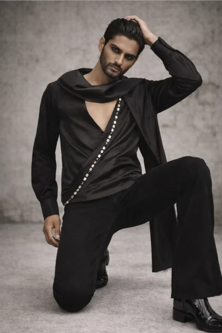 Valz Black Satin Shirt, Satin Shirt For Men, Black Shirt For Men, V Neck Shirt, Black Colour Shirt For Men, Stylish Party Shirts For Men, Black Full Sleeves Shirt, Sepia Stories