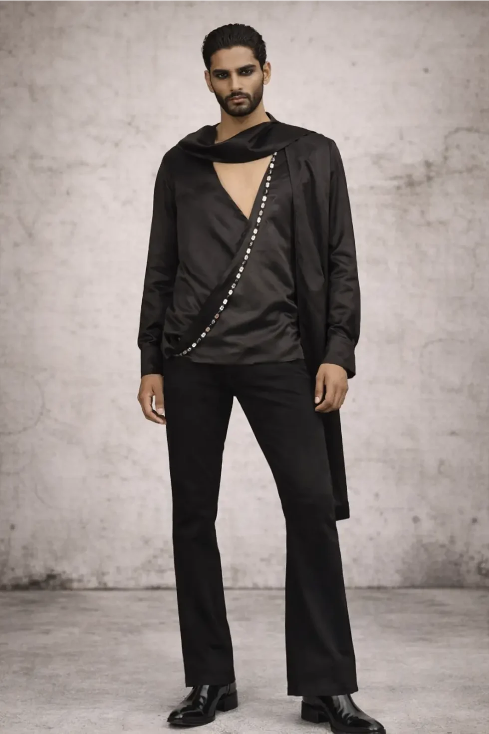 Valz Black Satin Shirt, Satin Shirt For Men, Black Shirt For Men, V Neck Shirt, Black Colour Shirt For Men, Stylish Party Shirts For Men, Black Full Sleeves Shirt, Sepia Stories