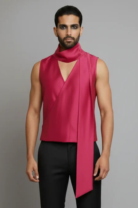 Valz Red Satin Shirt, Satin Shirt For Men, Red Shirt For Men, Sleeveless Men Shirt, V Neck Shirt, Red Colour Shirt For Men, Stylish Party Shirts For Men, Sepia Stories