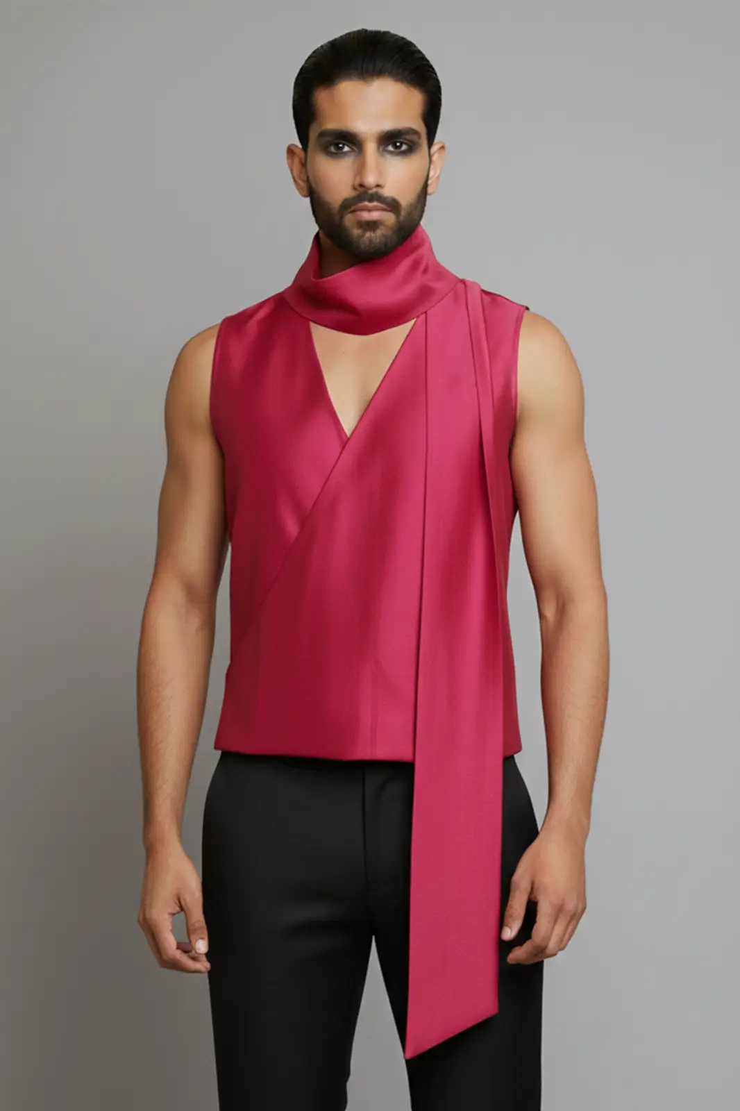 Valz Red Satin Shirt, Satin Shirt For Men, Red Shirt For Men, Sleeveless Men Shirt, V Neck Shirt, Red Colour Shirt For Men, Stylish Party Shirts For Men, Sepia Stories